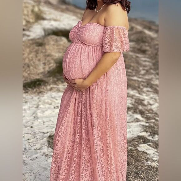 Elegant Off Shoulder Stretchy Lace Maternity Photography Dress High Belly Bump - Picture 1 of 13